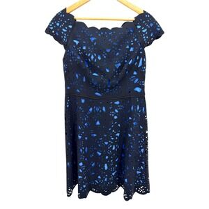 Shani Off The Shoulder Laser Cut Dress Black Blue Floral Scalloped Fit Flare 10